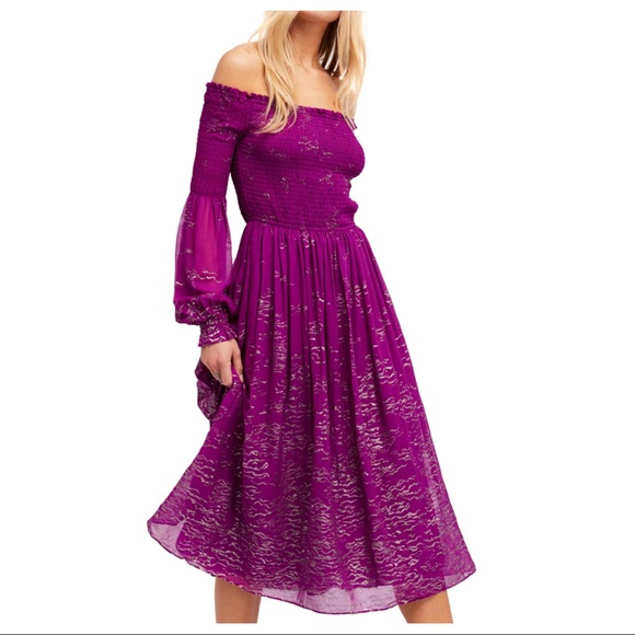 FREE PEOPLE FOILED SMOCKED MIDI DRESS - Picture 7 of 7